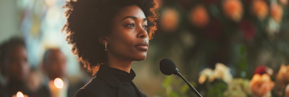 person ready eulogy at funeral